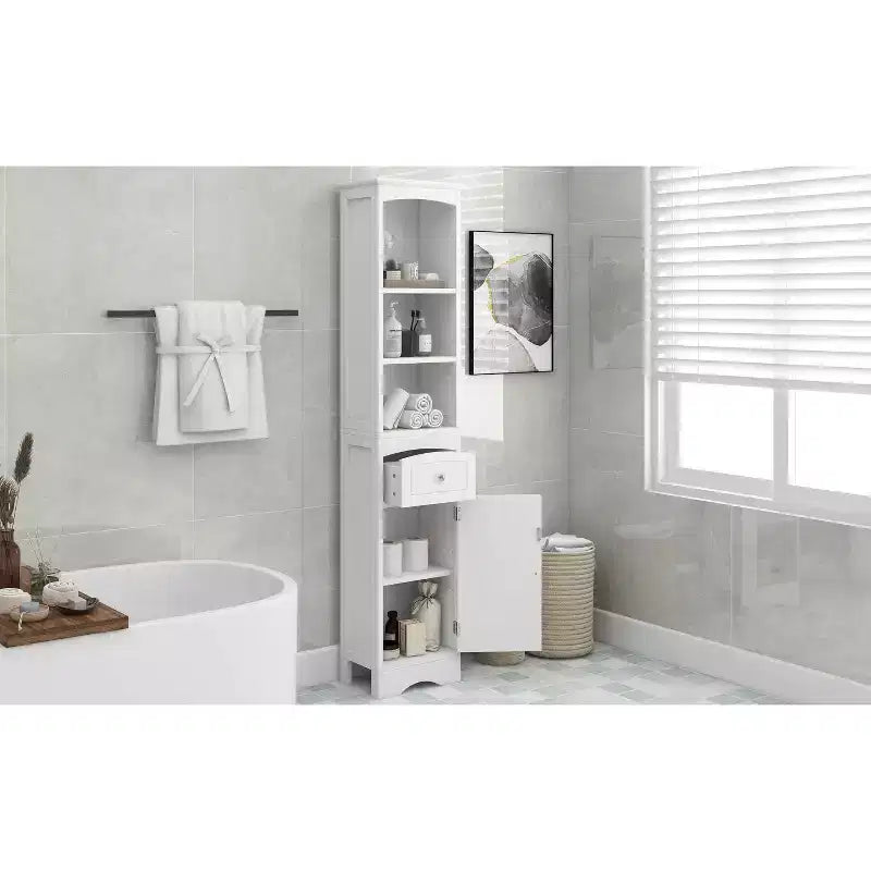 MAYEERTY Tall Bathroom Cabinet Freestanding Storage Drawer MDF Adjustable Shelf White