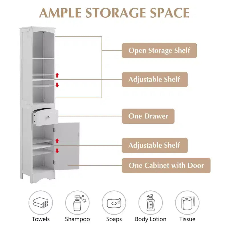 MAYEERTY Tall Bathroom Cabinet Freestanding Storage Drawer MDF Adjustable Shelf White