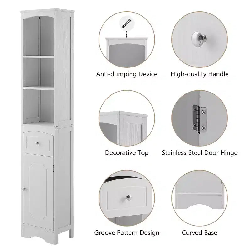 MAYEERTY Tall Bathroom Cabinet Freestanding Storage Drawer MDF Adjustable Shelf White