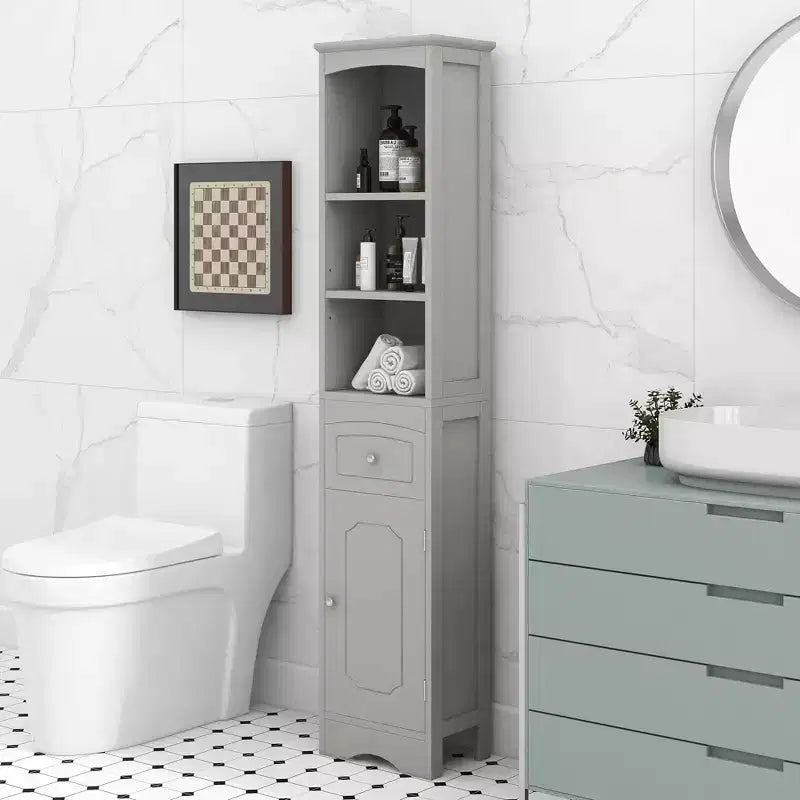 MAYEERTY Tall Bathroom Cabinet Freestanding Storage Drawer MDF Adjustable Shelf White