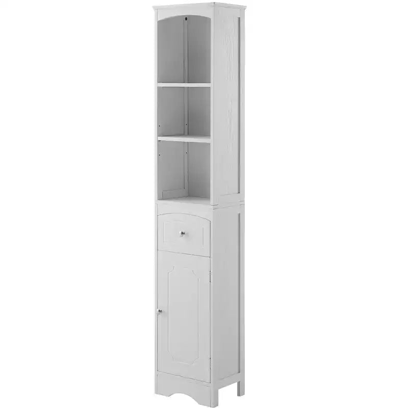 MAYEERTY Tall Bathroom Cabinet Freestanding Storage Drawer MDF Adjustable Shelf White