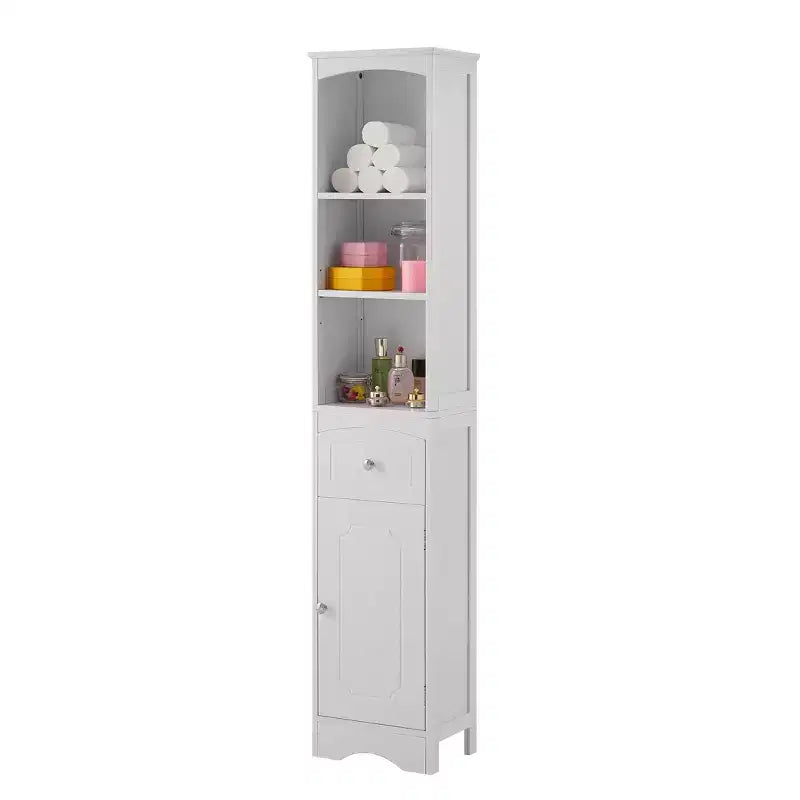 MAYEERTY Tall Bathroom Cabinet Freestanding Storage Drawer MDF Adjustable Shelf White