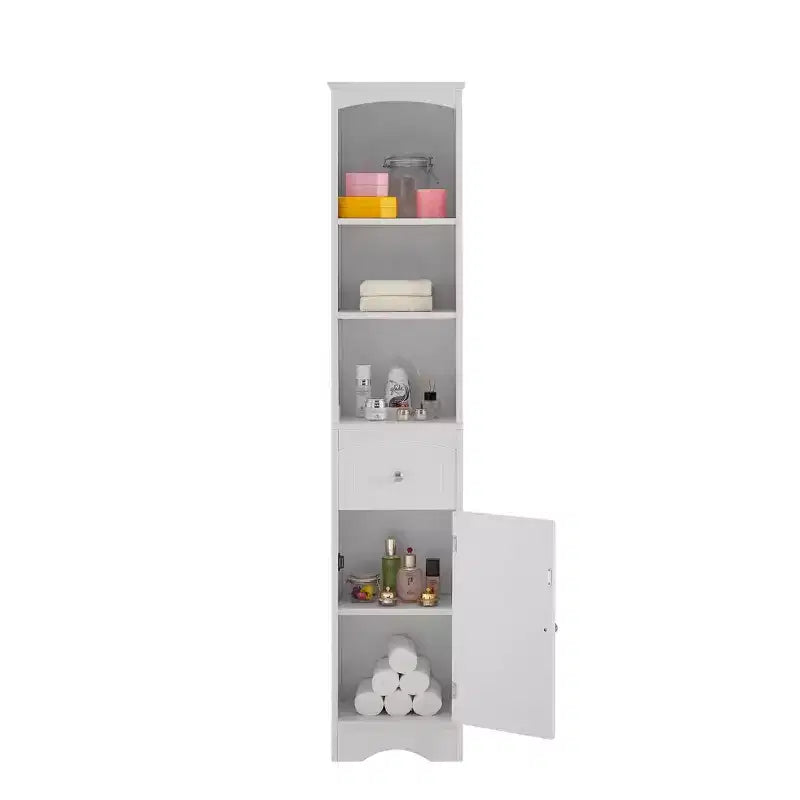 MAYEERTY Tall Bathroom Cabinet Freestanding Storage Drawer MDF Adjustable Shelf White