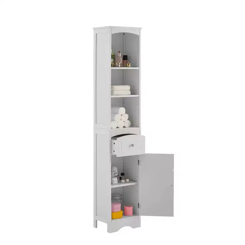 MAYEERTY Tall Bathroom Cabinet Freestanding Storage Drawer MDF Adjustable Shelf White