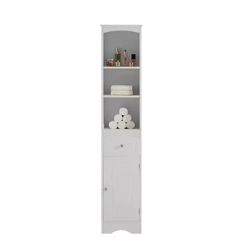 MAYEERTY Tall Bathroom Cabinet Freestanding Storage Drawer MDF Adjustable Shelf White