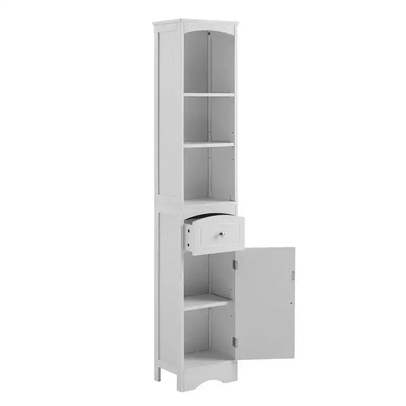 MAYEERTY Tall Bathroom Cabinet Freestanding Storage Drawer MDF Adjustable Shelf White