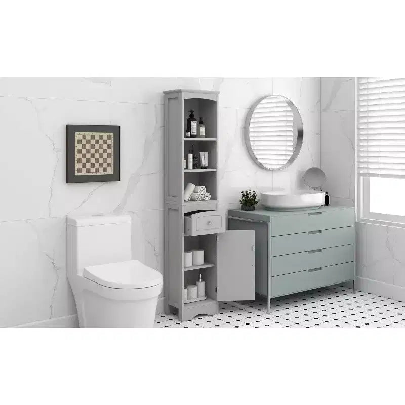 MAYEERTY Tall Bathroom Cabinet Freestanding Storage Drawer MDF Adjustable Shelf White