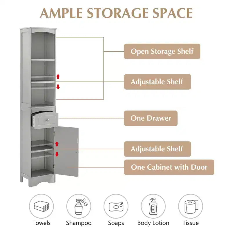 MAYEERTY Tall Bathroom Cabinet Freestanding Storage Drawer MDF Adjustable Shelf White