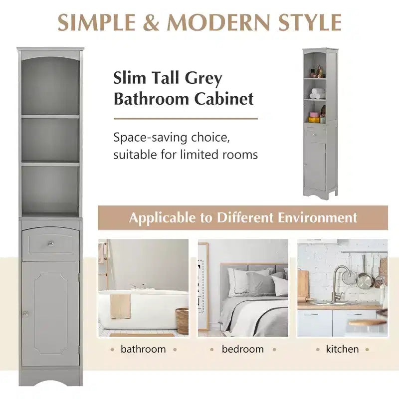 MAYEERTY Tall Bathroom Cabinet Freestanding Storage Drawer MDF Adjustable Shelf White