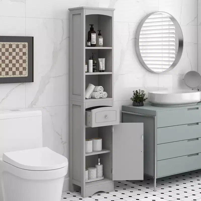 MAYEERTY Tall Bathroom Cabinet Freestanding Storage Drawer MDF Adjustable Shelf White