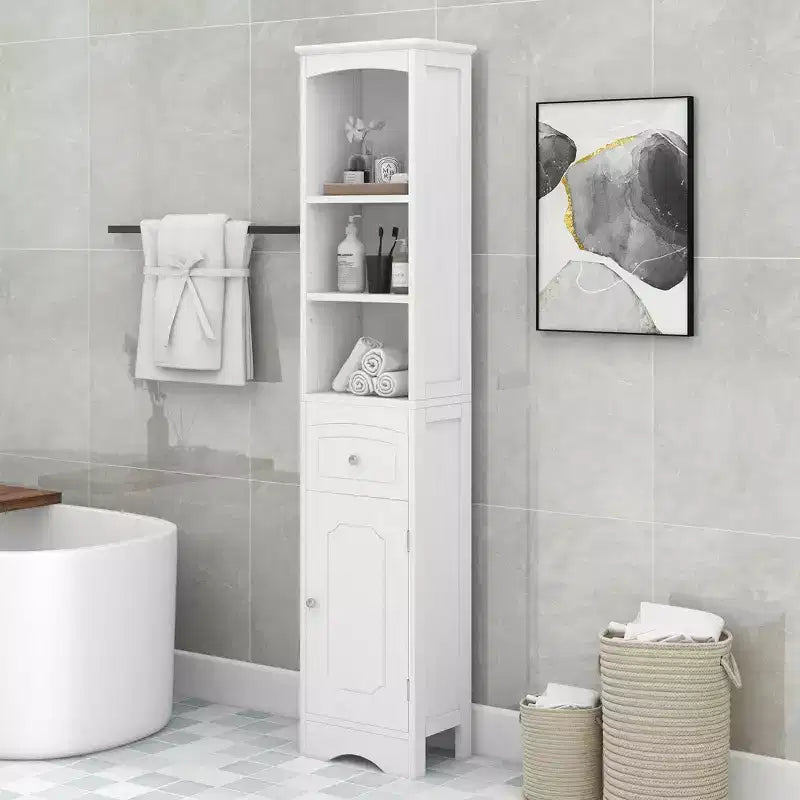 MAYEERTY Tall Bathroom Cabinet Freestanding Storage Drawer MDF Adjustable Shelf White