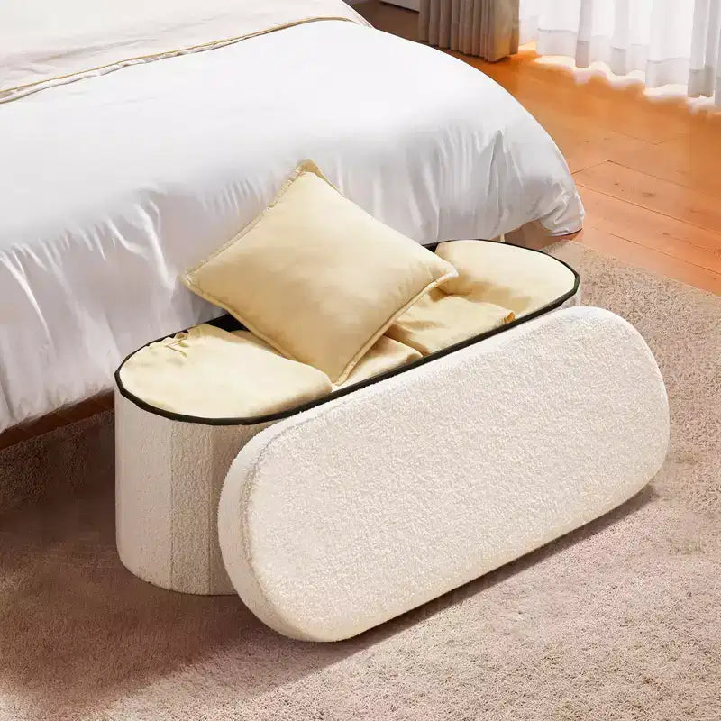 Foldable Oval Storage Ottoman Bench with Teddy Fleece Upholstery and 660 lbs Capacity
