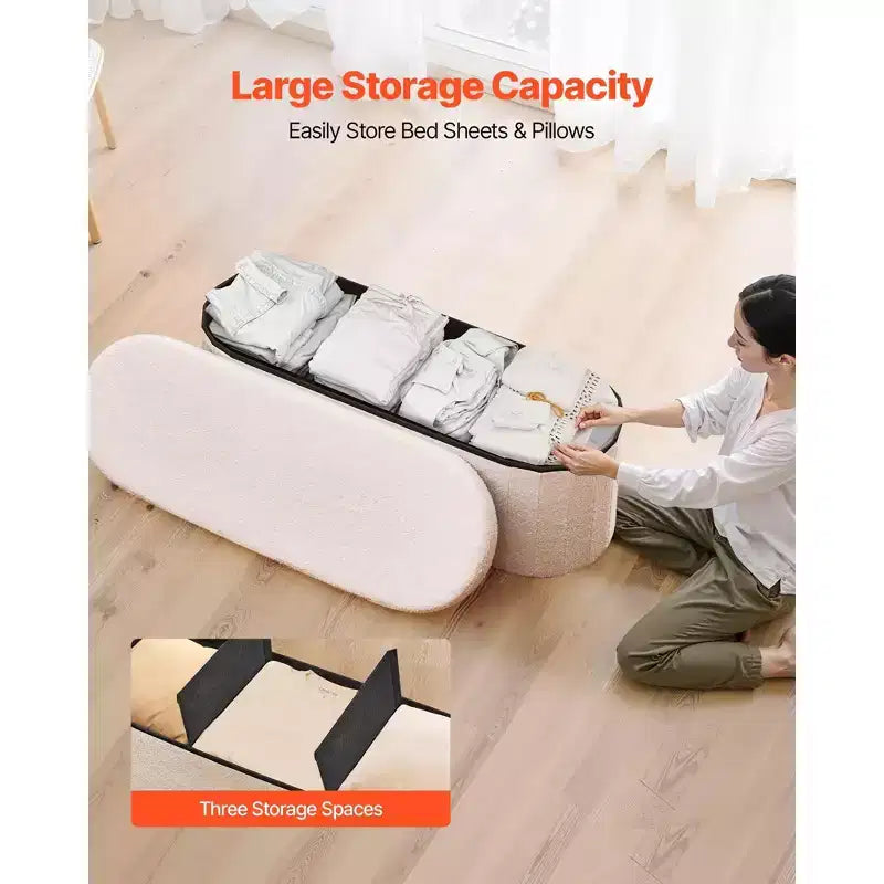 Foldable Oval Storage Ottoman Bench with Teddy Fleece Upholstery and 660 lbs Capacity