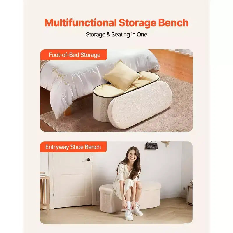 Foldable Oval Storage Ottoman Bench with Teddy Fleece Upholstery and 660 lbs Capacity