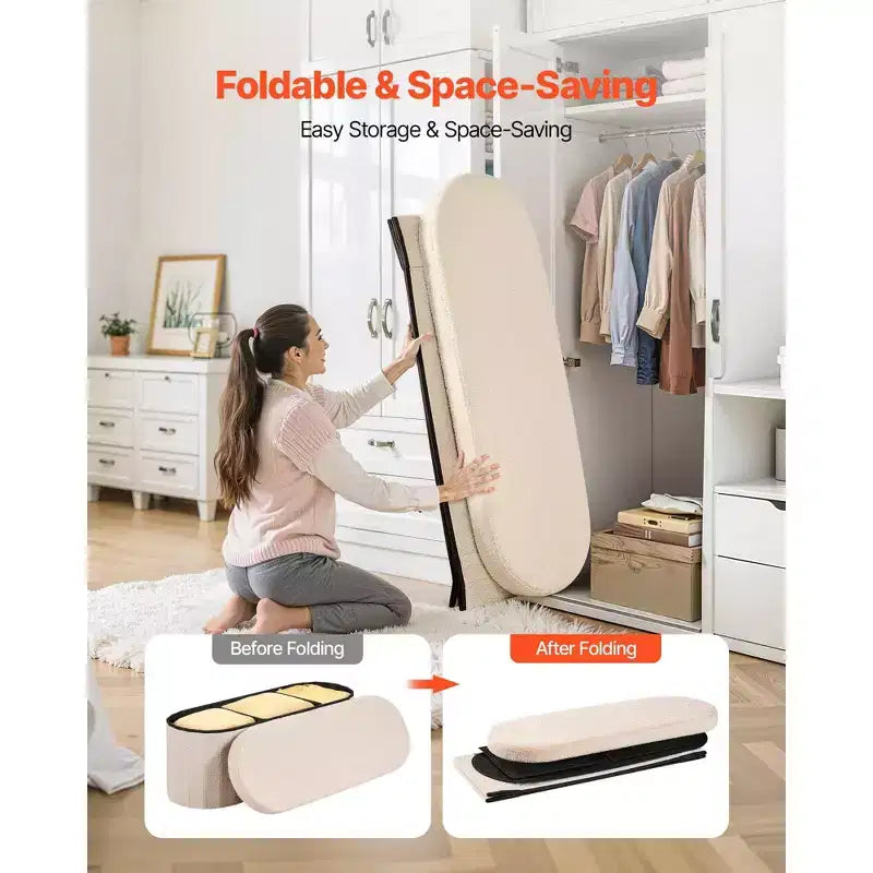 Foldable Oval Storage Ottoman Bench with Teddy Fleece Upholstery and 660 lbs Capacity