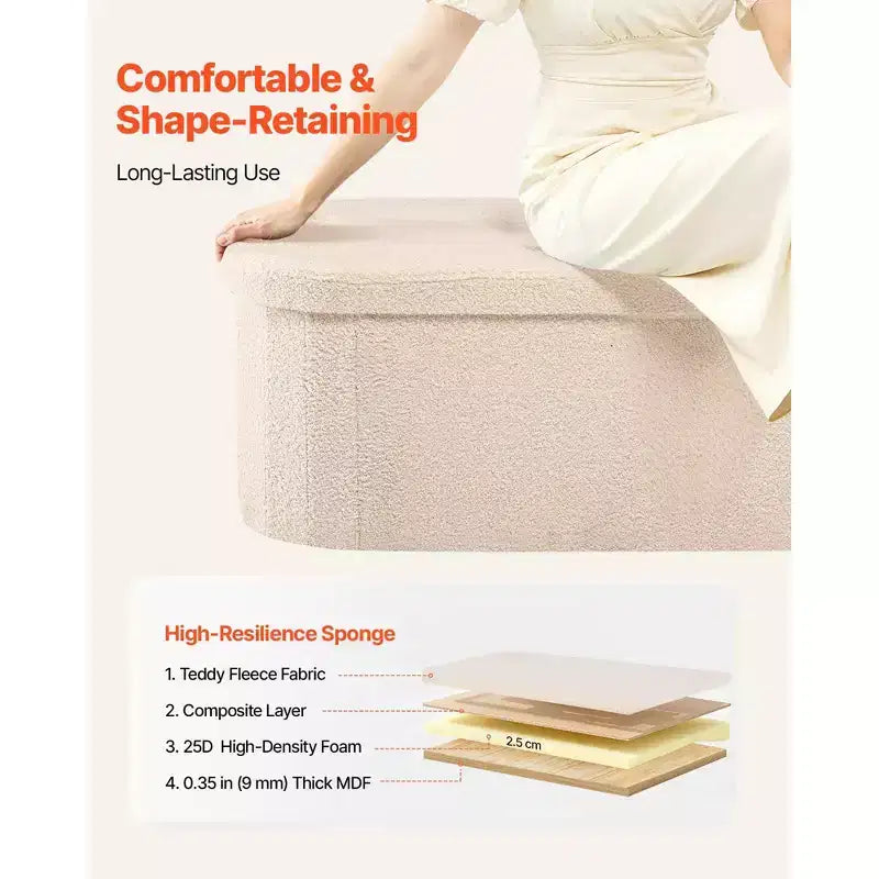 Foldable Oval Storage Ottoman Bench with Teddy Fleece Upholstery and 660 lbs Capacity