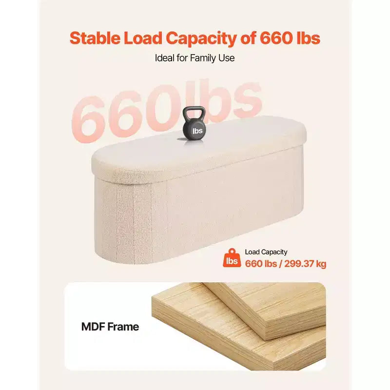 Foldable Oval Storage Ottoman Bench with Teddy Fleece Upholstery and 660 lbs Capacity