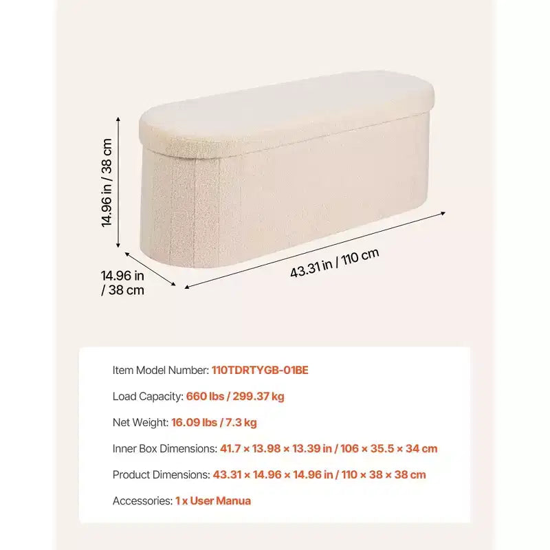 Foldable Oval Storage Ottoman Bench with Teddy Fleece Upholstery and 660 lbs Capacity