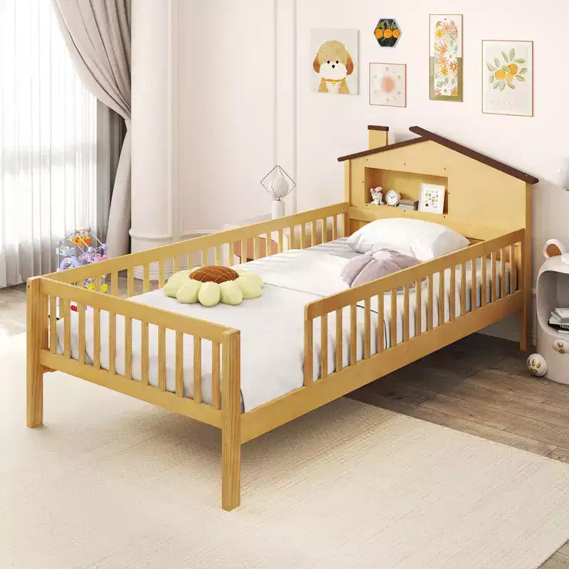 Costway Twin Size Kids Bed Solid Wood Platform Bed w/ Under-bed Storage & Storage Cube