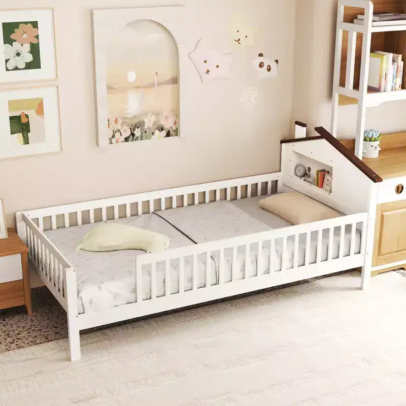 Costway Twin Size Kids Bed Solid Wood Platform Bed w/ Under-bed Storage & Storage Cube