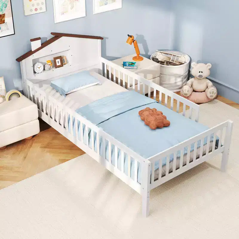 Costway Twin Size Kids Bed Solid Wood Platform Bed w/ Under-bed Storage & Storage Cube