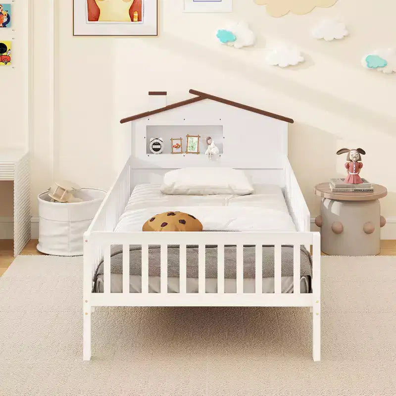 Costway Twin Size Kids Bed Solid Wood Platform Bed w/ Under-bed Storage & Storage Cube