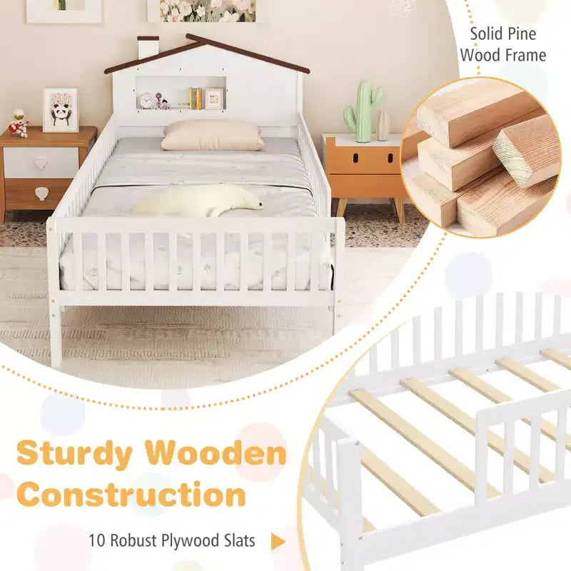 Costway Twin Size Kids Bed Solid Wood Platform Bed w/ Under-bed Storage & Storage Cube
