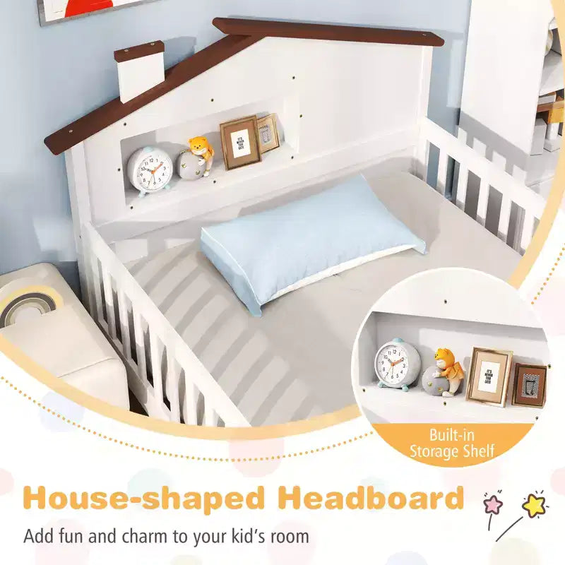 Costway Twin Size Kids Bed Solid Wood Platform Bed w/ Under-bed Storage & Storage Cube