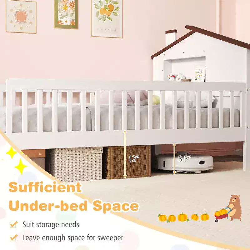 Costway Twin Size Kids Bed Solid Wood Platform Bed w/ Under-bed Storage & Storage Cube