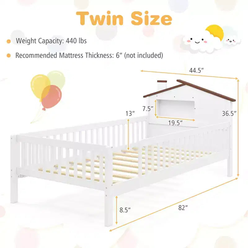 Costway Twin Size Kids Bed Solid Wood Platform Bed w/ Under-bed Storage & Storage Cube