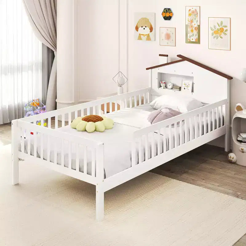 Costway Twin Size Kids Bed Solid Wood Platform Bed w/ Under-bed Storage & Storage Cube