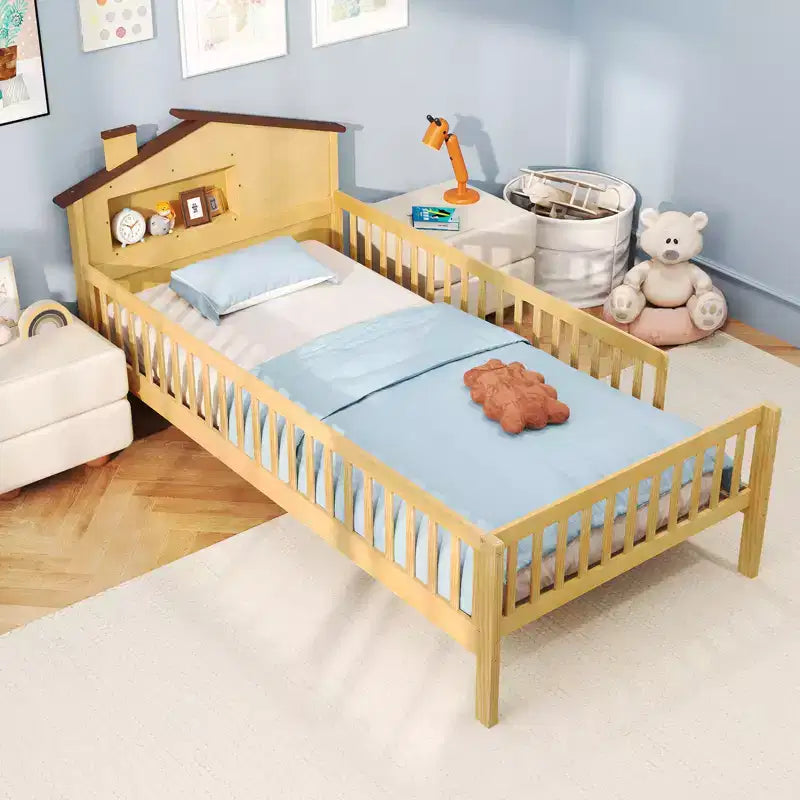 Costway Twin Size Kids Bed Solid Wood Platform Bed w/ Under-bed Storage & Storage Cube