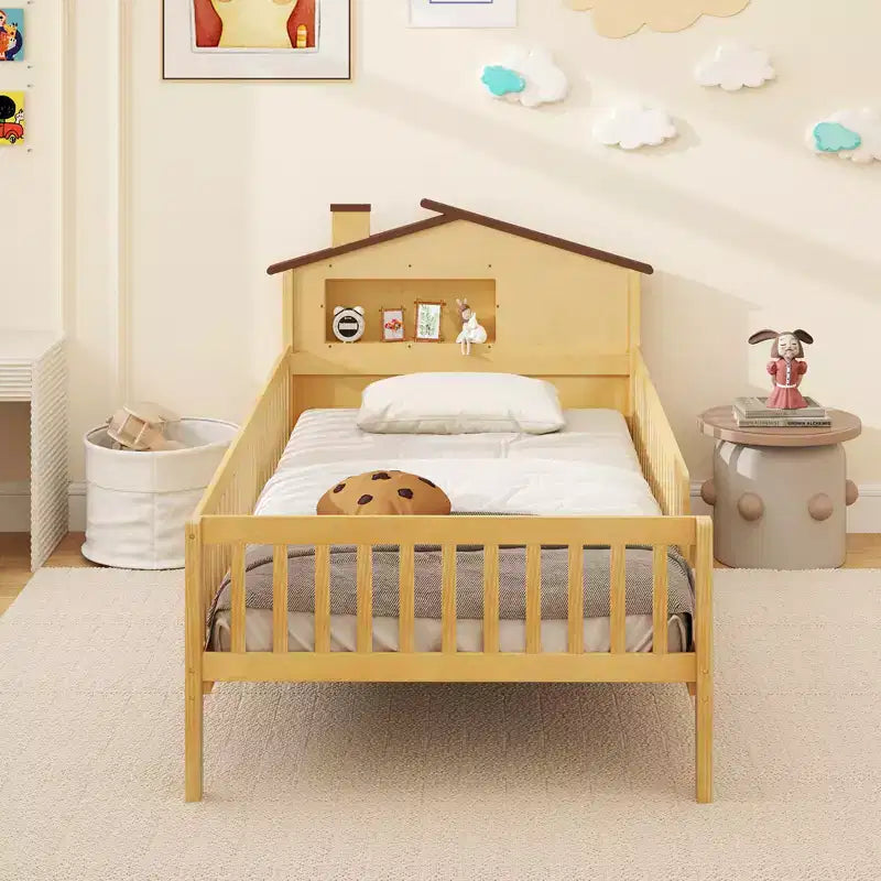 Costway Twin Size Kids Bed Solid Wood Platform Bed w/ Under-bed Storage & Storage Cube