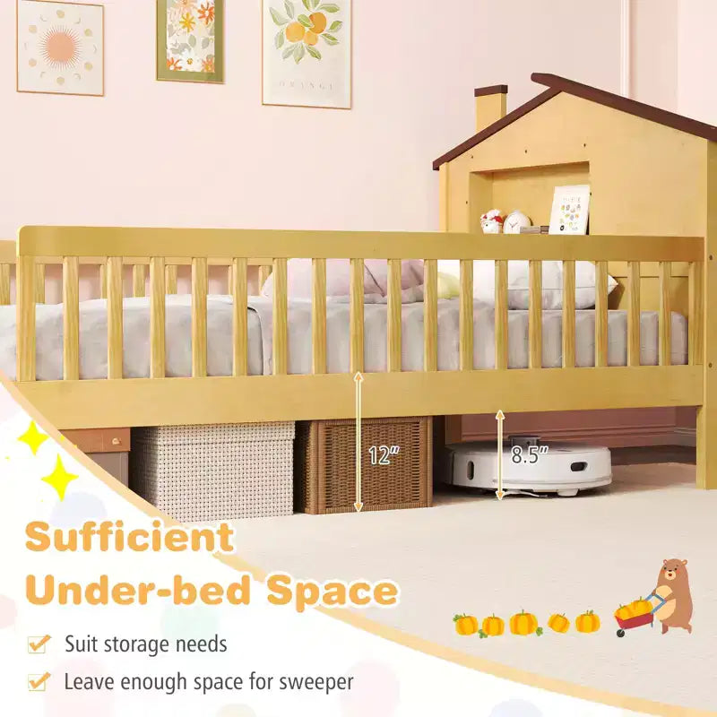 Costway Twin Size Kids Bed Solid Wood Platform Bed w/ Under-bed Storage & Storage Cube