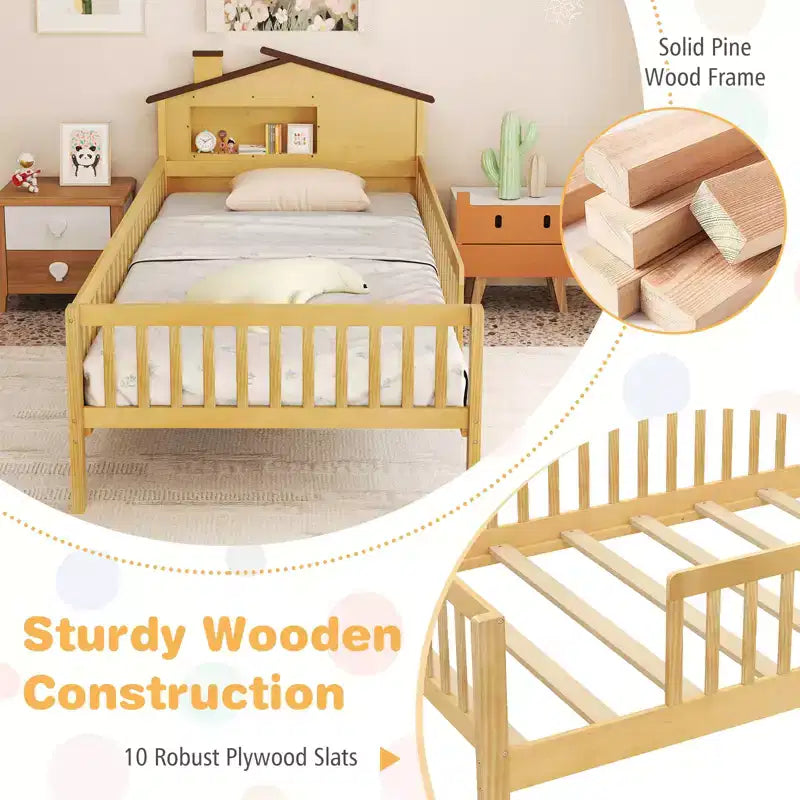 Costway Twin Size Kids Bed Solid Wood Platform Bed w/ Under-bed Storage & Storage Cube