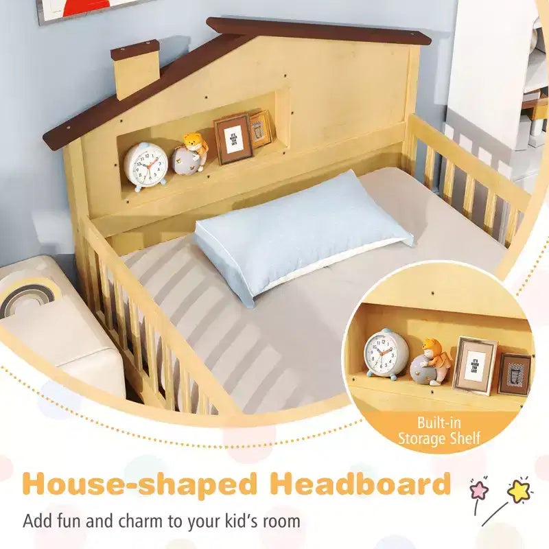 Costway Twin Size Kids Bed Solid Wood Platform Bed w/ Under-bed Storage & Storage Cube