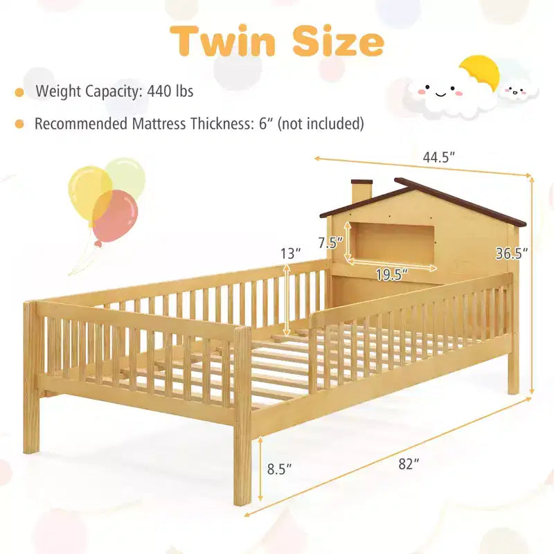 Costway Twin Size Kids Bed Solid Wood Platform Bed w/ Under-bed Storage & Storage Cube