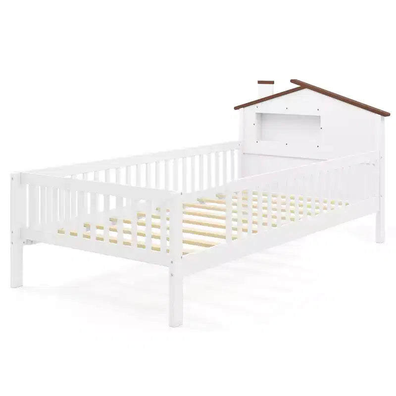 Costway Twin Size Kids Bed Solid Wood Platform Bed w/ Under-bed Storage & Storage Cube