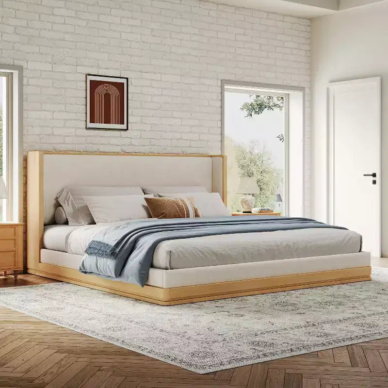 Queen/King Size Upholstered Platform Bed Frame with Headboard, Beige&Natural - ModernLuxe