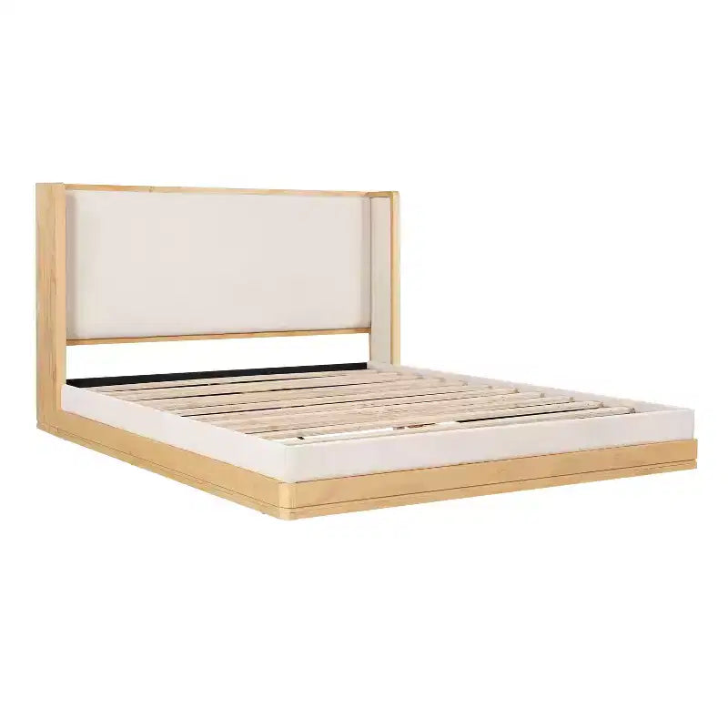 Queen/King Size Upholstered Platform Bed Frame with Headboard, Beige&Natural - ModernLuxe