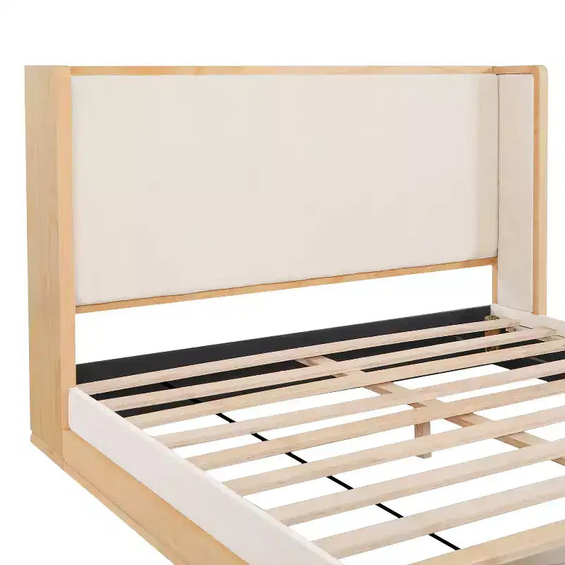 Queen/King Size Upholstered Platform Bed Frame with Headboard, Beige&Natural - ModernLuxe