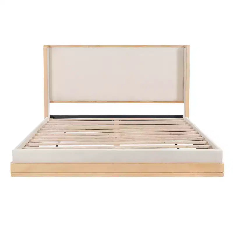 Queen/King Size Upholstered Platform Bed Frame with Headboard, Beige&Natural - ModernLuxe