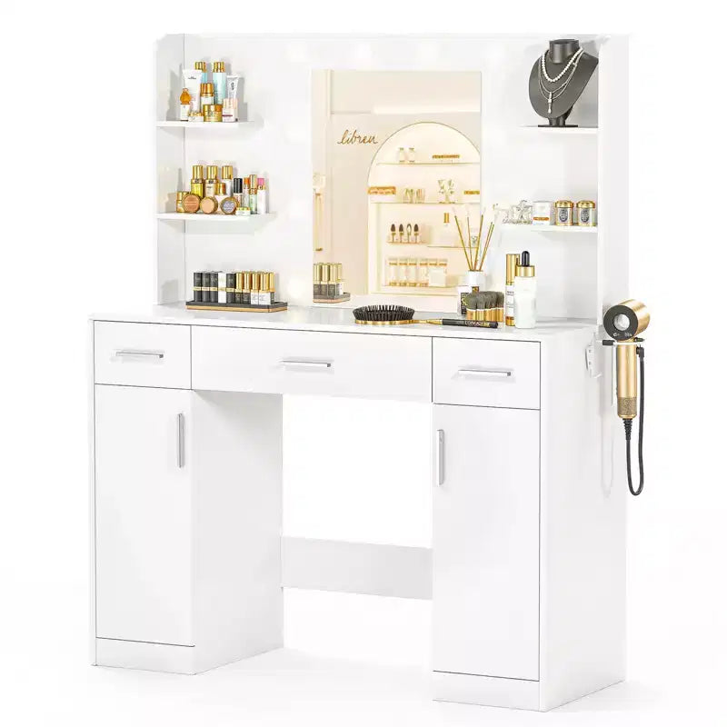 Okak Makeup Vanity with 3 Mode Adujustable Mirror, Vanity Desk with 3 Drawers and 2 Cabinet Doors, Makeup Table for Bedroom, Living Room, White