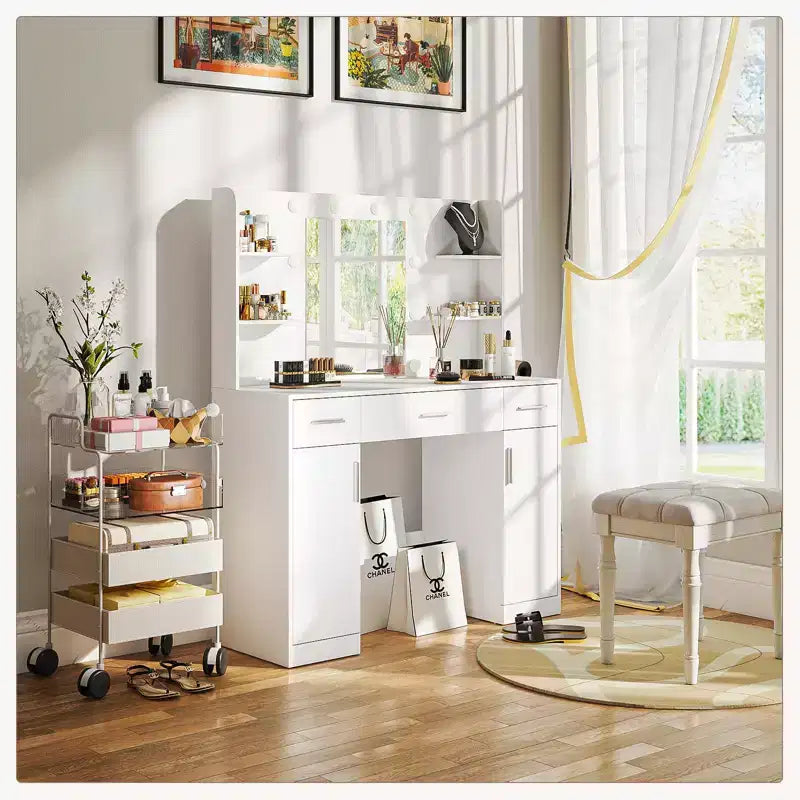 Okak Makeup Vanity with 3 Mode Adujustable Mirror, Vanity Desk with 3 Drawers and 2 Cabinet Doors, Makeup Table for Bedroom, Living Room, White
