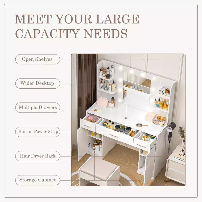 Okak Makeup Vanity with 3 Mode Adujustable Mirror, Vanity Desk with 3 Drawers and 2 Cabinet Doors, Makeup Table for Bedroom, Living Room, White