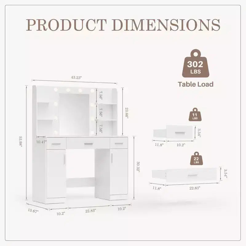 Okak Makeup Vanity with 3 Mode Adujustable Mirror, Vanity Desk with 3 Drawers and 2 Cabinet Doors, Makeup Table for Bedroom, Living Room, White