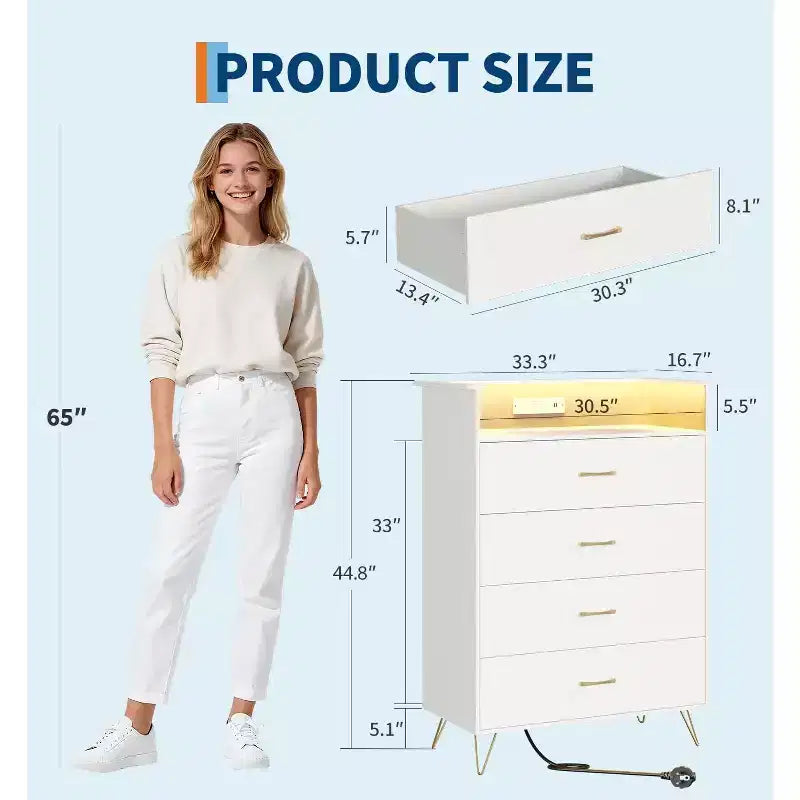 WhiteTall 4-Drawer Dresser with Modern Design, Large Capacity Storage Organizer for Bedroom , Multi-Functional Cabinet with Smooth Glide Drawers