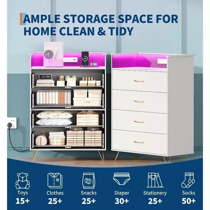 WhiteTall 4-Drawer Dresser with Modern Design, Large Capacity Storage Organizer for Bedroom , Multi-Functional Cabinet with Smooth Glide Drawers