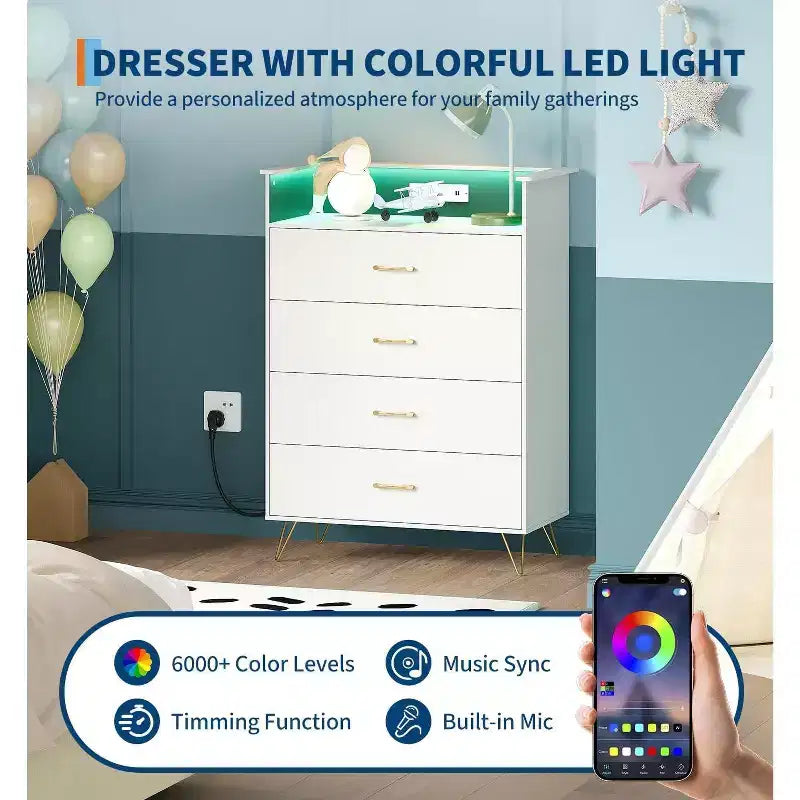 WhiteTall 4-Drawer Dresser with Modern Design, Large Capacity Storage Organizer for Bedroom , Multi-Functional Cabinet with Smooth Glide Drawers