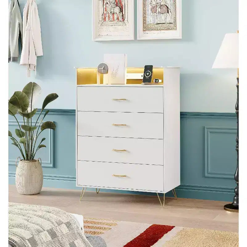 WhiteTall 4-Drawer Dresser with Modern Design, Large Capacity Storage Organizer for Bedroom , Multi-Functional Cabinet with Smooth Glide Drawers